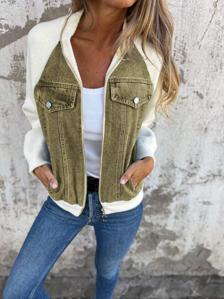Veste Bomber Bimatière Denim & Blanc | Style Urbain Tendance
