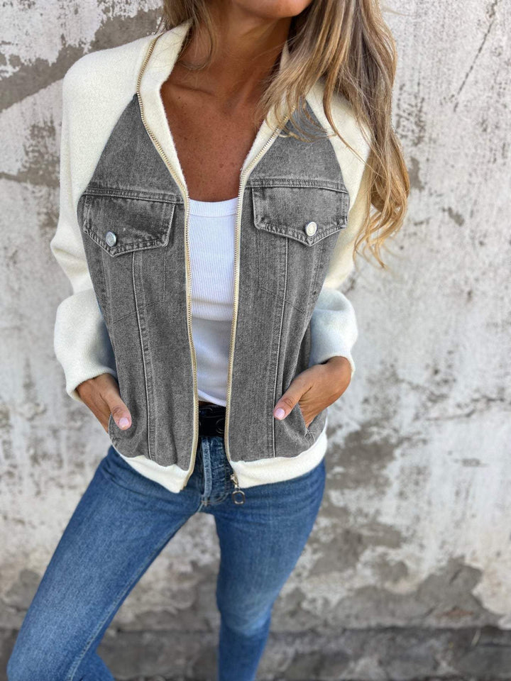 Veste Bomber Bimatière Denim & Blanc | Style Urbain Tendance