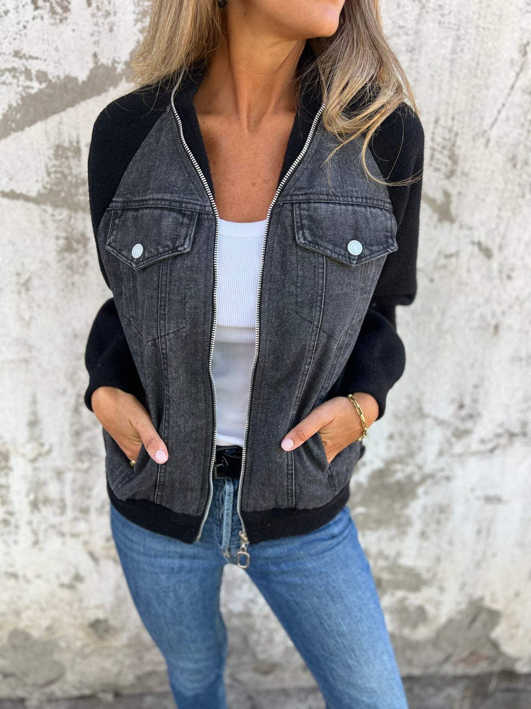 Veste Bomber Bimatière Denim & Blanc | Style Urbain Tendance