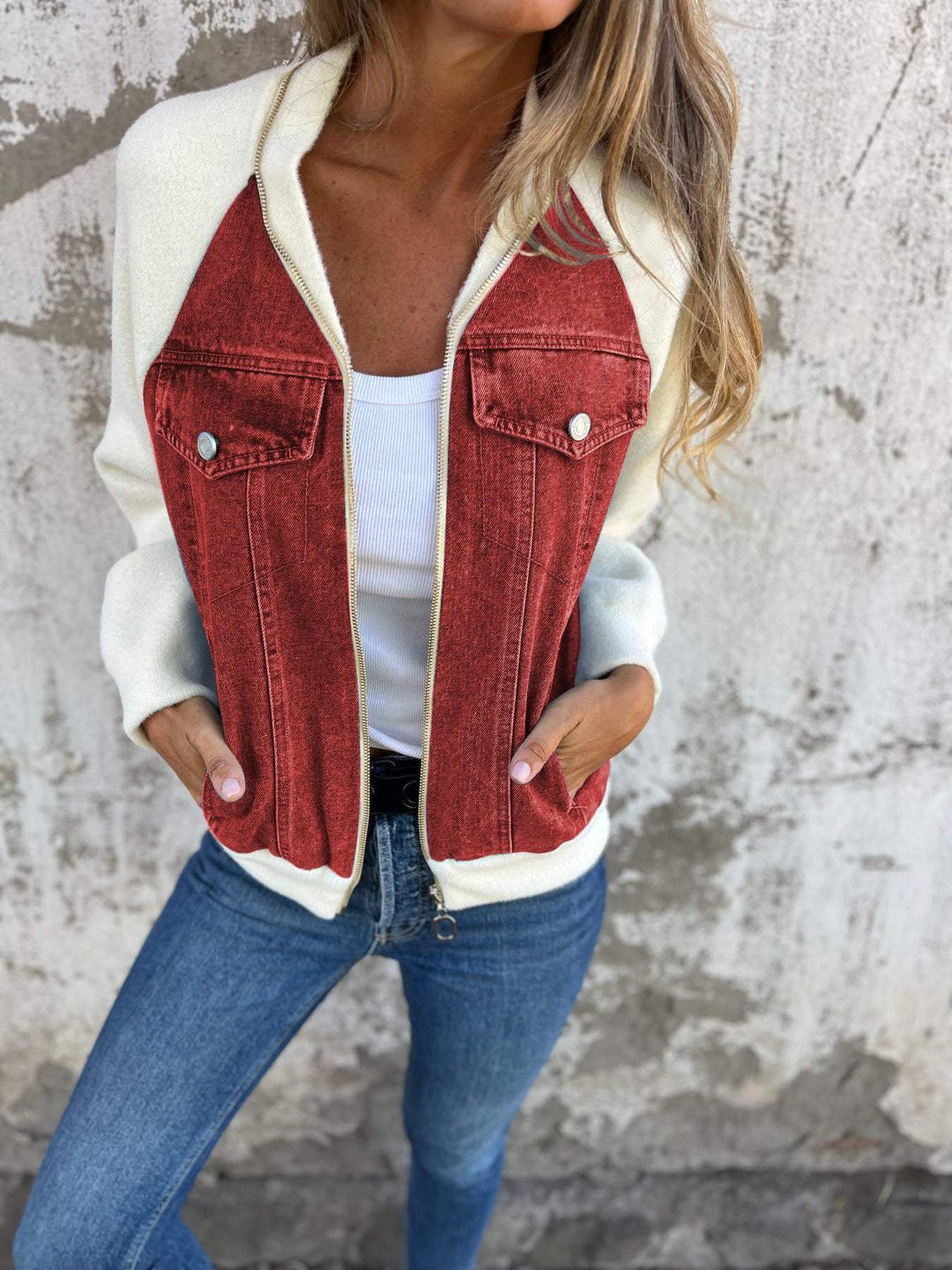 Veste Bomber Bimatière Denim & Blanc | Style Urbain Tendance