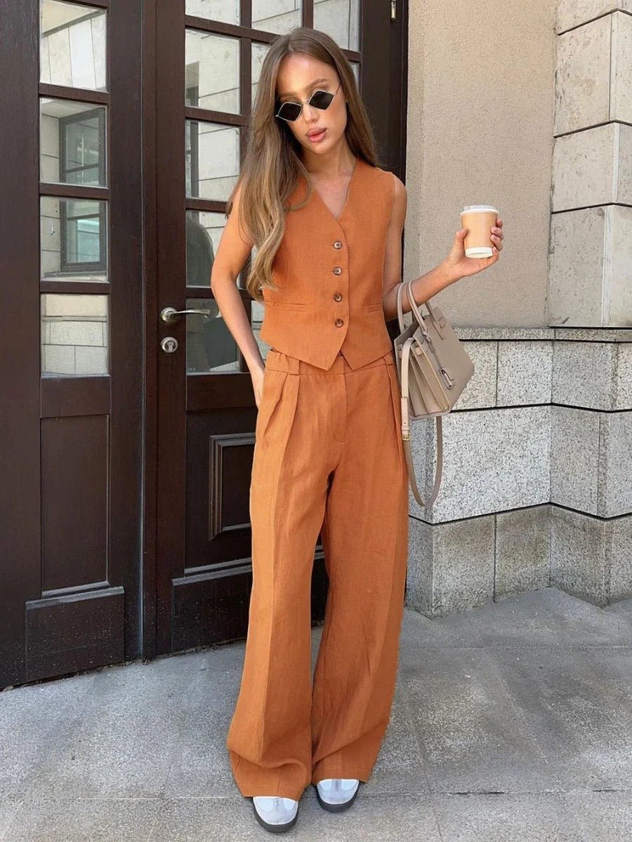 Ensemble Lin Femme - Gilet & Pantalon Fluide - Élégance Été