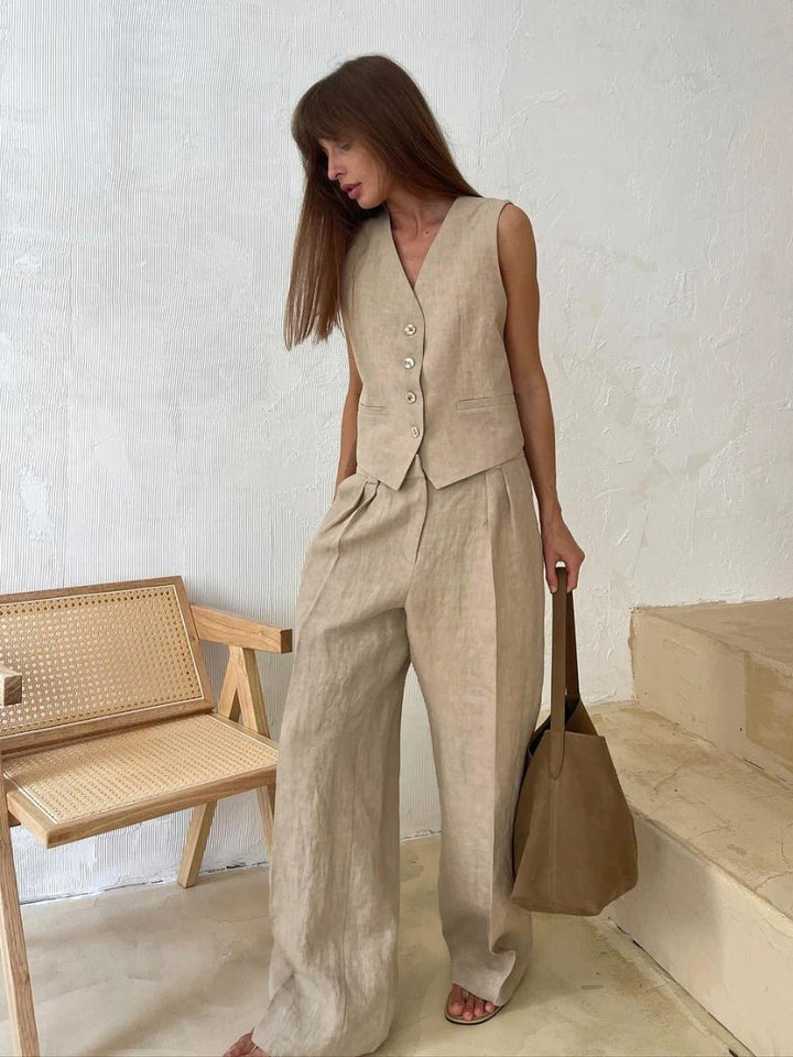 Ensemble Lin Femme - Gilet & Pantalon Fluide - Élégance Été