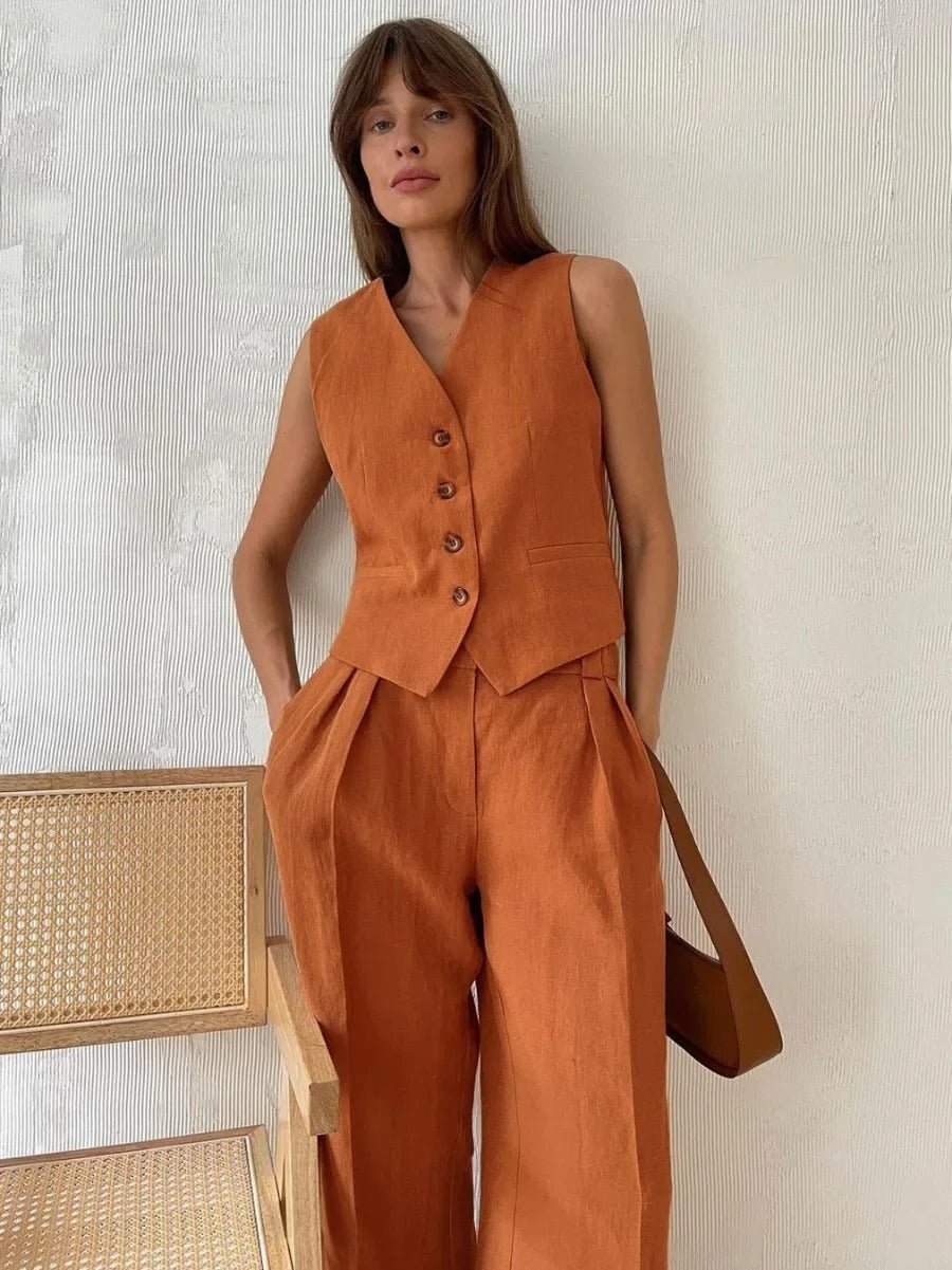 Ensemble Lin Femme - Gilet & Pantalon Fluide - Élégance Été