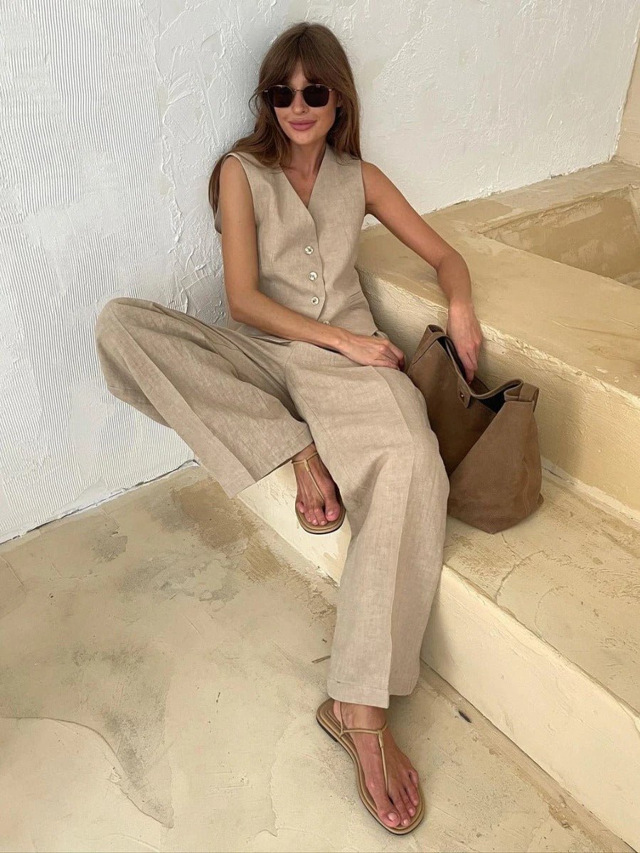 Ensemble Lin Femme - Gilet & Pantalon Fluide - Élégance Été
