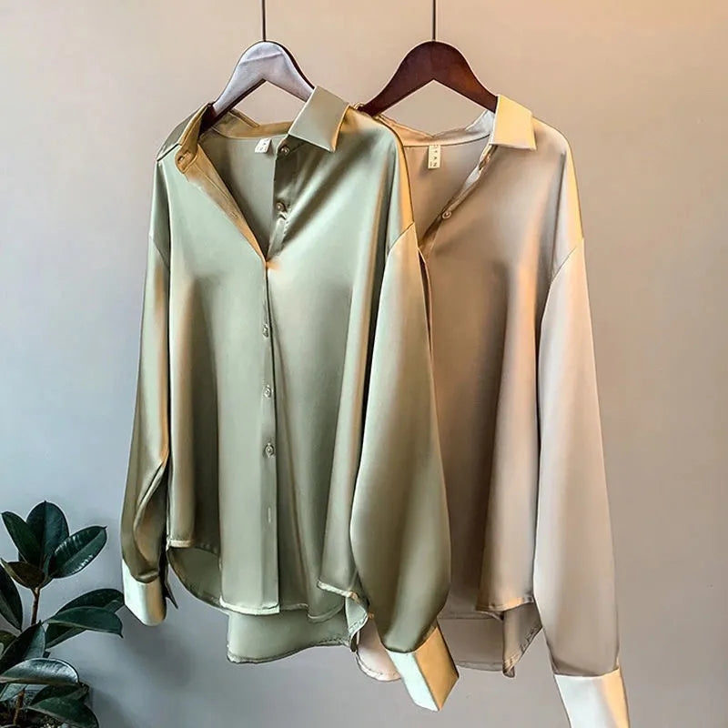 Chemise Satin Polyester Fluide - Élégante Manches Bouffantes Polyvalente