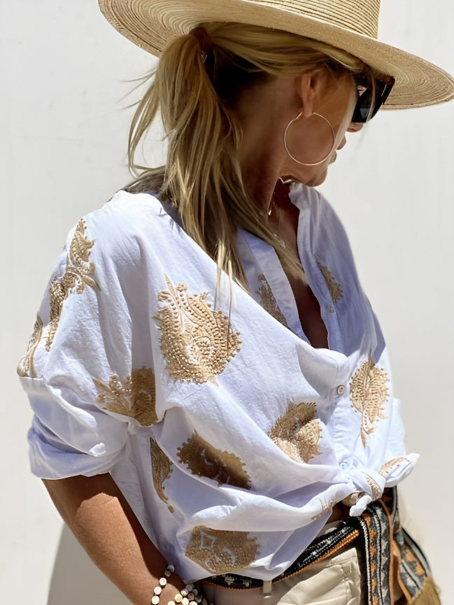 Chemise Oversize Coton Femme Broderie Dorée Bohème Chic Été