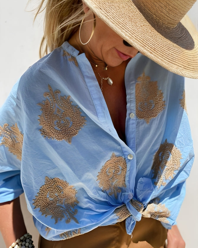 Chemise Oversize Coton Femme Broderie Dorée Bohème Chic Été