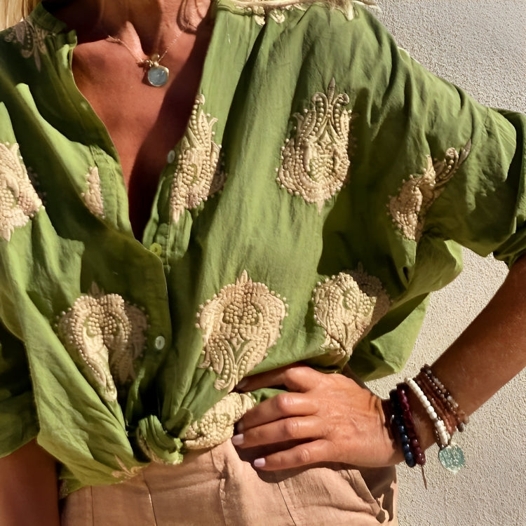 Chemise Oversize Coton Femme Broderie Dorée Bohème Chic Été
